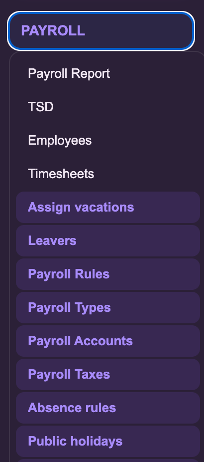 The Payroll menu with Assign vacations listed below Timesheets