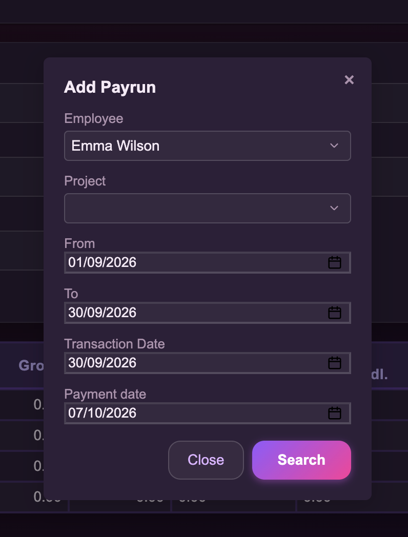 The Add Payrun dialog with Emma Wilson selected, From 01/09/2026, To 30/09/2026, Transaction Date 30/09/2026 and Payment date 07/10/2026. Markers 1 to 5 point to these fields.